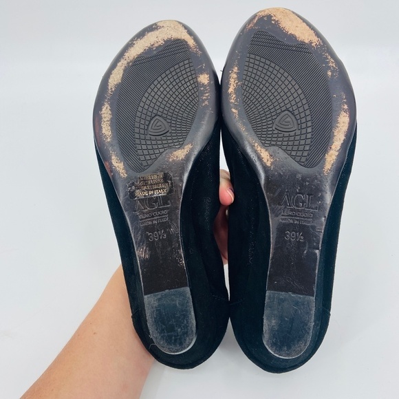 AGL ATTILIO GIUSTI LEOMBRUNI Black Leather Snakeskin Cap Toe Low Wedge Shoes - Picture 9 of 10